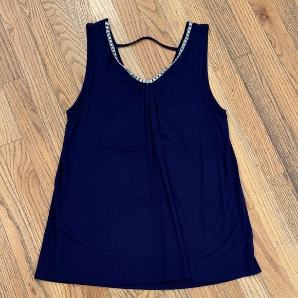 Cable & Gauge Tops - Cable & Gauge Navy Tank Top with Beaded Neckline